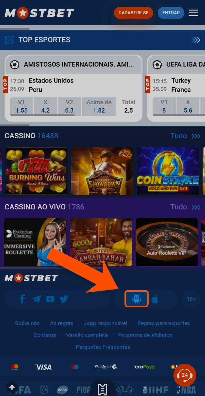 Localize e clique no ícone do Android na parte inferior da página da Mostbet.