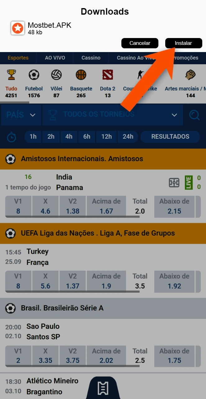Comece a instalar o aplicativo Mostbet que você baixou.