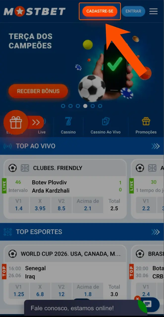 Abra a aplicação Mostbet no seu telemóvel para iniciar o registo.