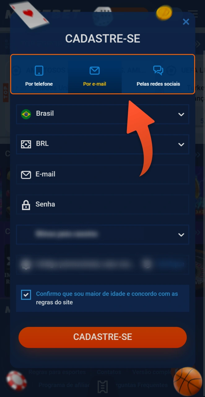 Escolha um método conveniente para criar uma conta na Mostbet.