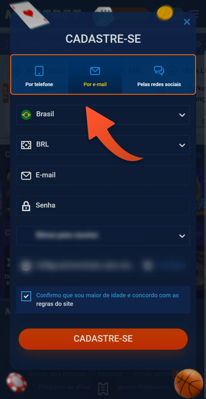 Crie uma conta utilizando qualquer um dos métodos apresentados na Mostbet.