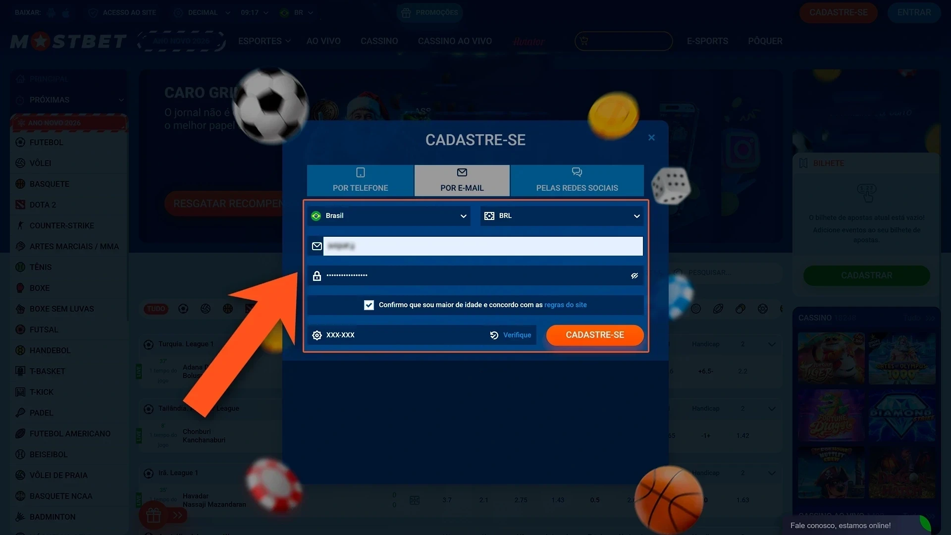 Insira suas informações pessoais para se cadastrar na Mostbet.